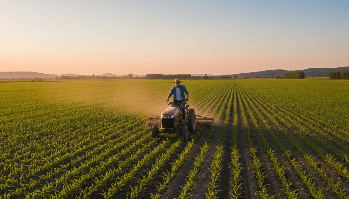 Rural farmer tending to crops in a productive field with clear sunlight