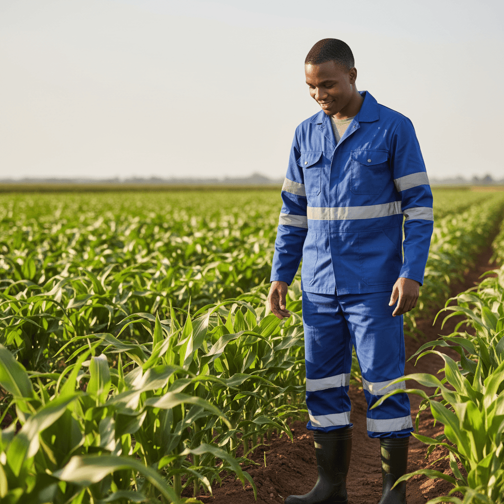 Confident young farmer in a blue jacket inspecting crops in a South African field.