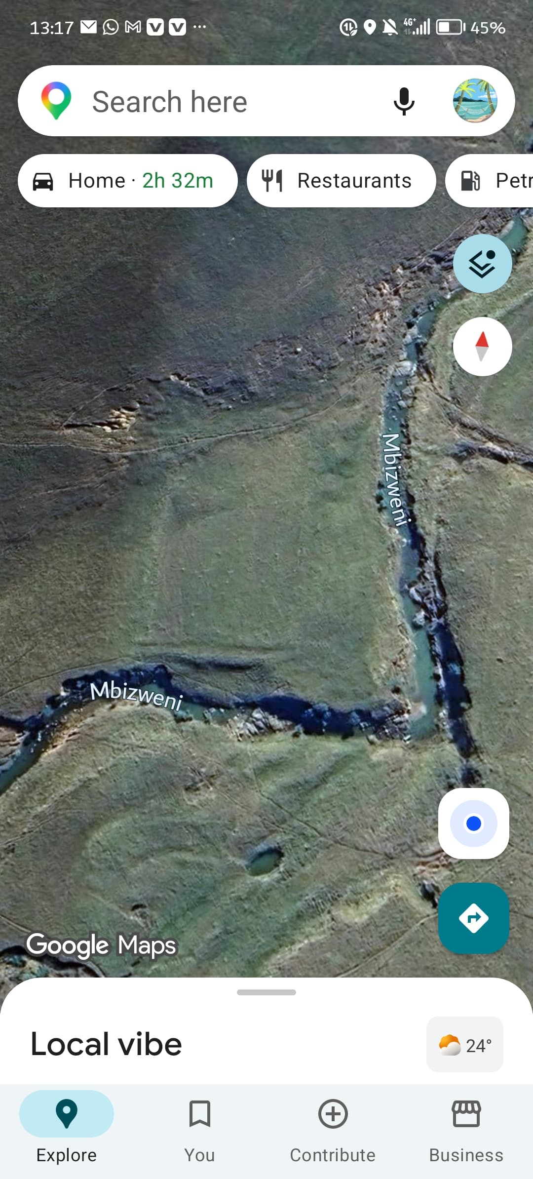 Satellite view on Google Maps showing the Mbizweni river winding through a green landscape.